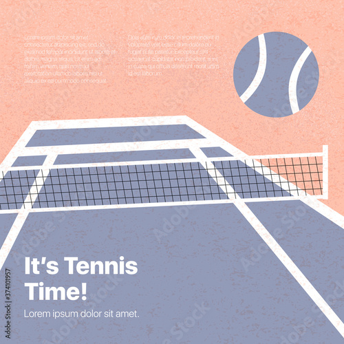Tennis court vector flat illustration with text space and textures. Active lifestyle, tennis tourney or championship.