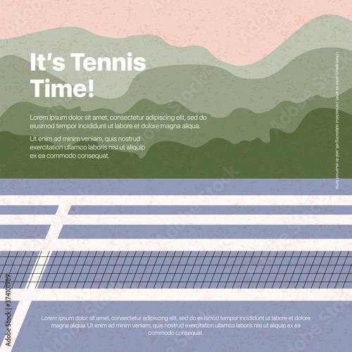 Tennis court vector flat illustration with text space and textures. Active lifestyle, tennis tourney or championship.