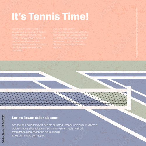 Tennis court vector flat illustration with text space and textures. Active lifestyle, tennis tourney or championship.