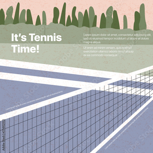 Tennis court vector flat illustration with text space and textures. Active lifestyle, tennis tourney or championship.