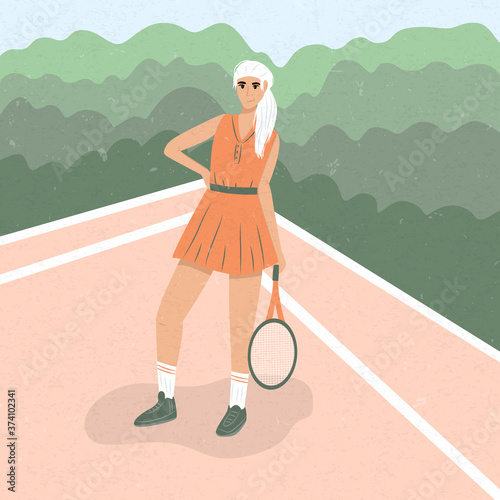 Cute tennis girl in sport clothes standing at tennis court and holding tennis racket vector flat illustration.