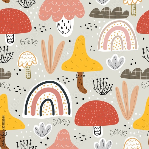 Wallpaper Mural seamless pattern with mushrooms, plant, rainbows, decor elements on a neutral background. Forest, simple flat vector. hand drawing. design for fabric, print, wrapper Torontodigital.ca