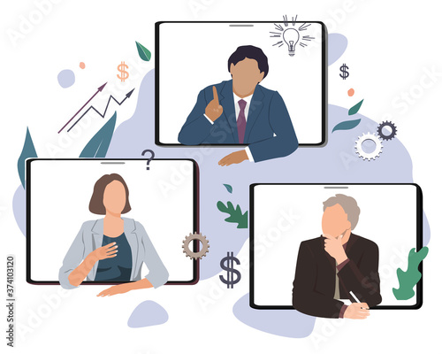Business conference video call, remote project management, quarantine working concept, working from home. Flat vector illustration