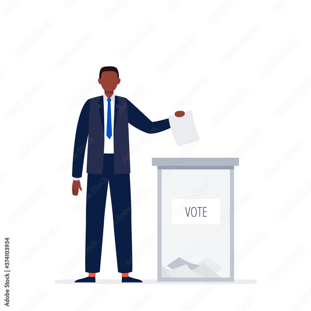 An African-American man in business suit voting. A political man is putting a paper ballot to the election box. Democratic election. Vector flat illustration. An African-American man in business suit voting. A political man is putting a paper ballot to the election box. Democratic election. Vector flat illustration.