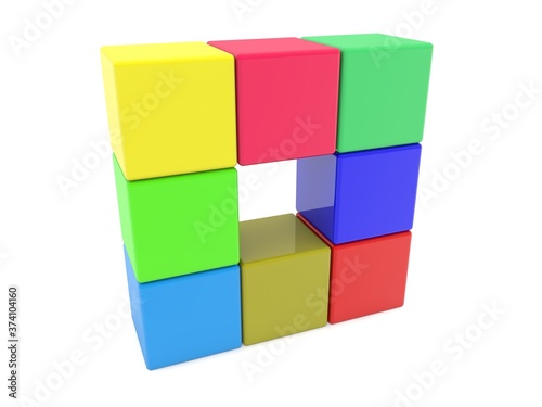 Toy blocks of different colors are stacked on top of each other