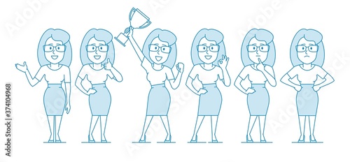 Woman office worker in various poses. Character - woman with glasses and a skirt to the knees. Illustration in line art style. Vector