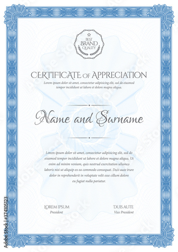 Certificate Template. Diploma of modern design or gift certificate. Frame from guilloche pattern. Elegant and expensive design. Vector illustration.