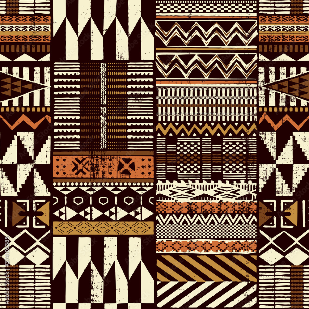 Tribal African style fabric patchwork abstract vector seamless pattern ethnic wallpaper