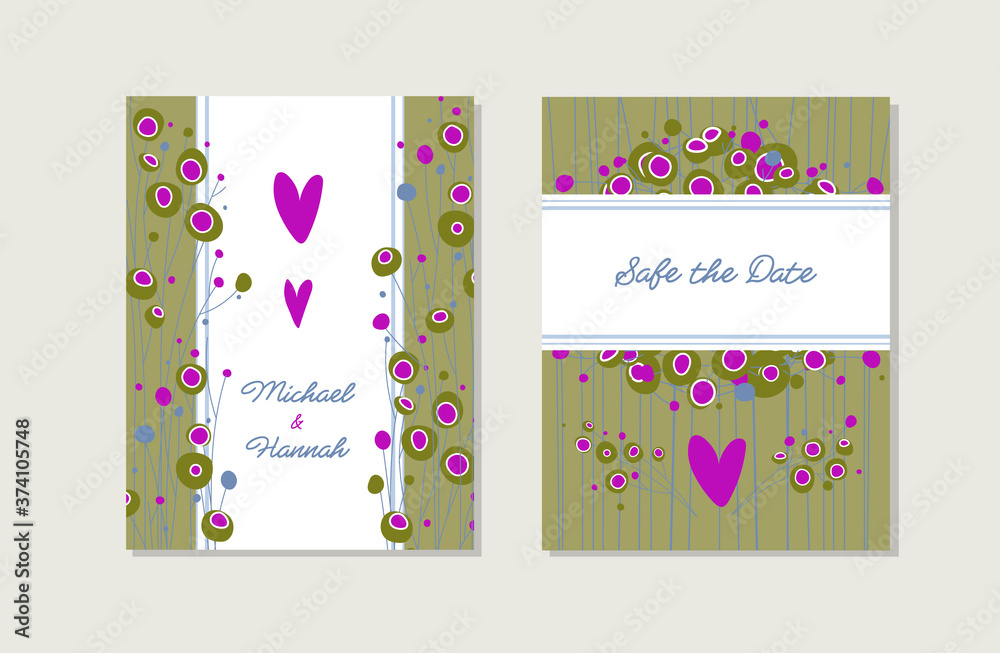 Template for invitation, save the date, greeting card. Abstract geometric flowers, hearts. Flat cartoon style