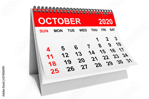 Calendar October 2020. 3d rendering