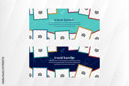 horizontal layout banner template design for travel banner use photo collage on top and bottom. dark and soft blue colors background.  