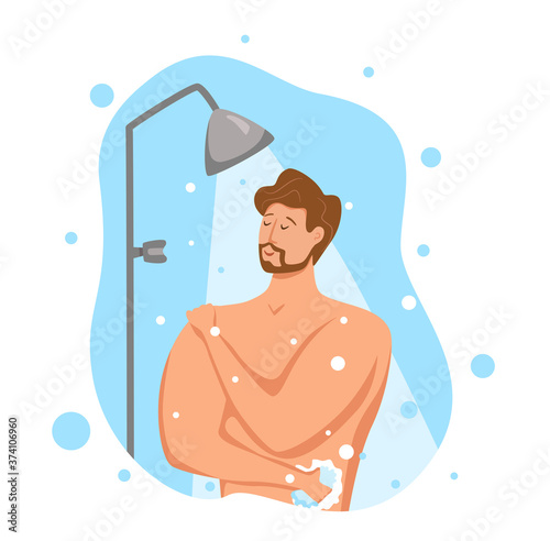 Man taking shower in bathroom. Vector illustration of happy guy washing himself with shampoo and soap.