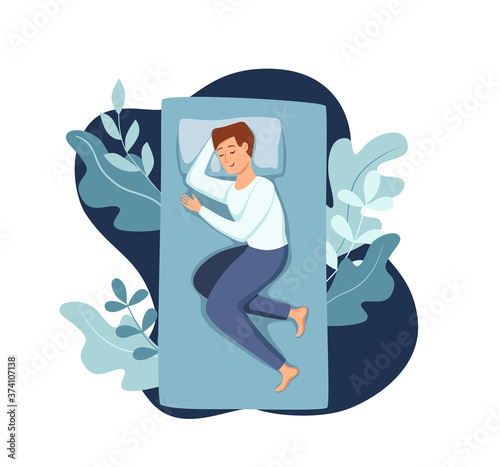 Sleepy awake woman in bed suffers from insomnia. Vector illustration