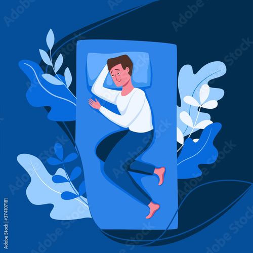 Sleepy awake man in bed suffers from insomnia. Vector illustration of tired exhausted sad guy insomniac