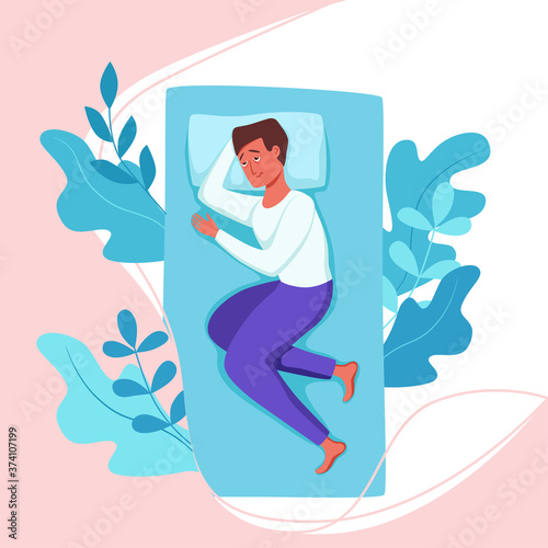 Sleepy awake man in bed suffers from insomnia. Vector illustration of tired exhausted sad guy insomniac