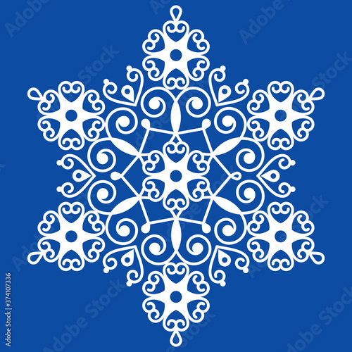 Christmas winter vector snowflake design - embroidery, lace style pattern in white on navy blue background
 