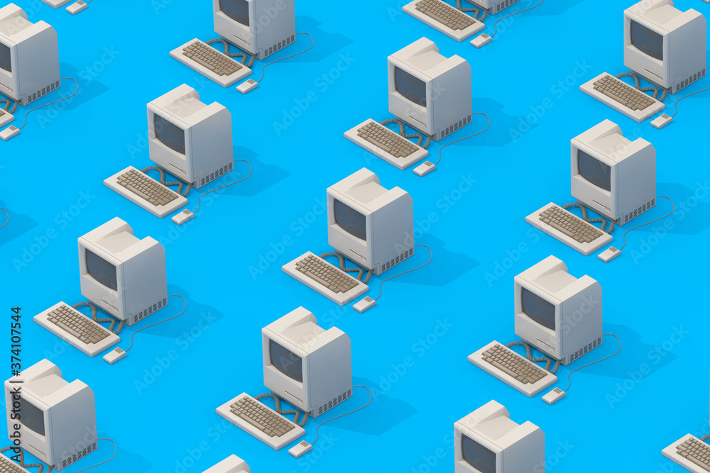 Rows of Retro Personal Computers in Isometric Style, 3d Rendering