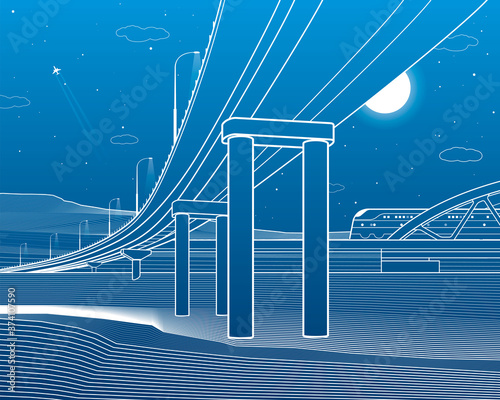 Outline road bridge. Car overpass. Train rides. Infrastructure illustration. Vector design art. White lines on blue background.