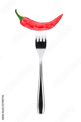 Red Chili Pepper Stuck with Chrome Fork. 3d Rendering © doomu