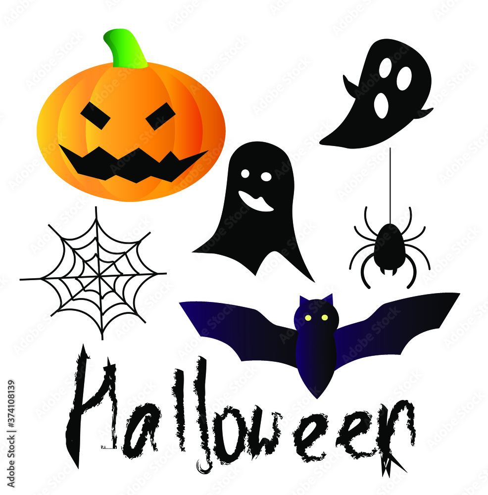 happy halloween vector illustration set with pumpkin (jack o lantern), ghost, spider, spider web, bat and lettering happy halloween vector illustration set with pumpkin (jack o lantern), ghost, spider, spider web, bat and lettering