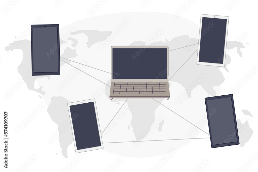 Gadgets On Map Background vector illustration cartoon flat design modern style Gadgets On Map Background vector illustration cartoon flat design modern style