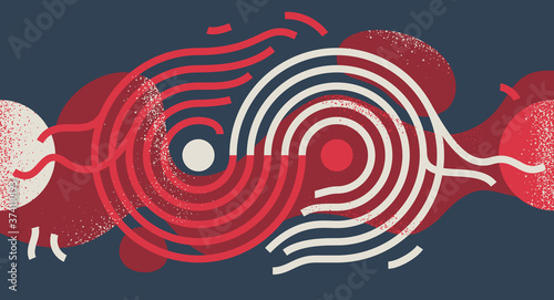 Geometric artistic vector background with lines and circles, abstract modern art composition, rhythmic and motional design decoration in red and black colors.