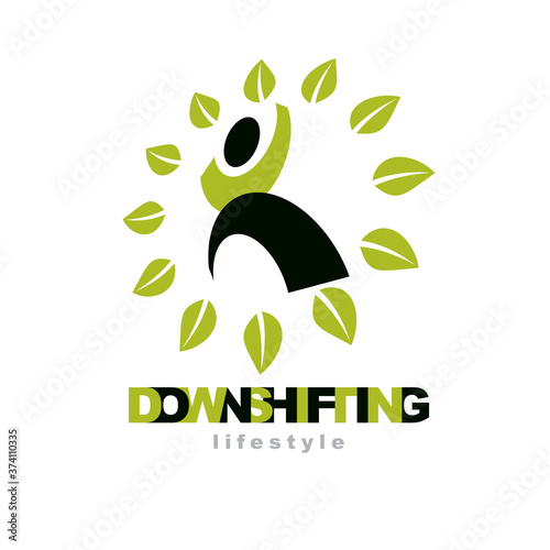 Vector illustration of excited abstract  man with raised reaching up. Downshifting concept logo. Wanderlust and countryside vacation icon. Green ecology metaphor.
