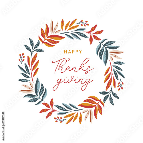 Happy thanksgiving wreath with colorful leaves and berries