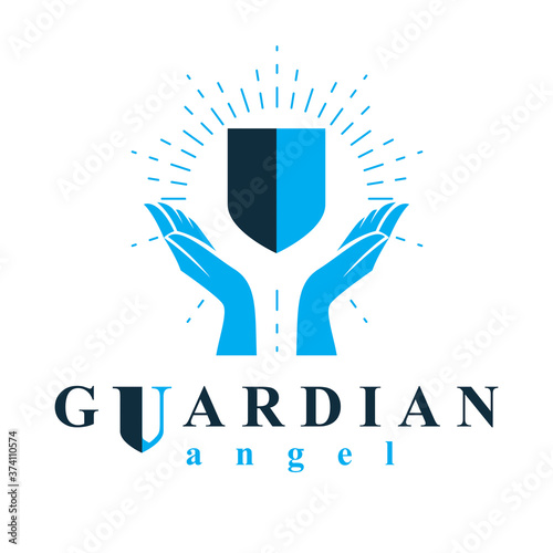 Shield vector graphic illustration, safety and security metaphor symbol. Guardian angel vector abstract emblem.