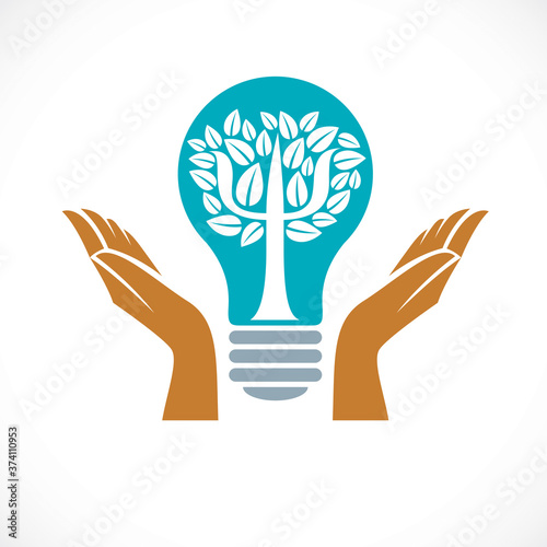 Psychology concept vector logo or icon created with Greek Psi symbol as a tree with leaves inside of idea light bulb with tender caring hands of psychotherapist, mental health concept.