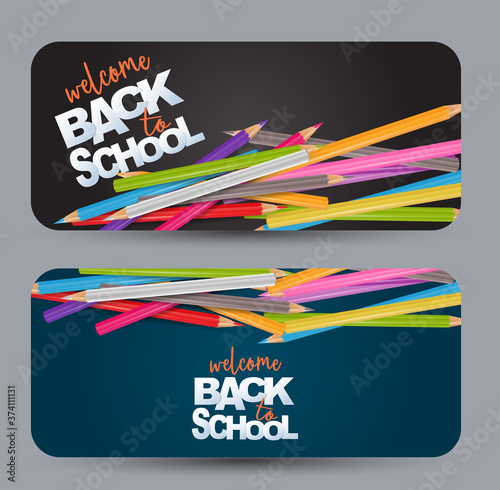 Welcome back to school design banner card with realistic colorful pencils and crayons. Vector illustration.