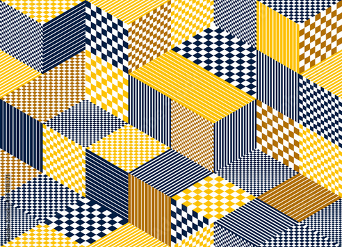 3D cubes seamless pattern vector background, rhombus and lines dimensional blocks, architecture and construction, geometric design.