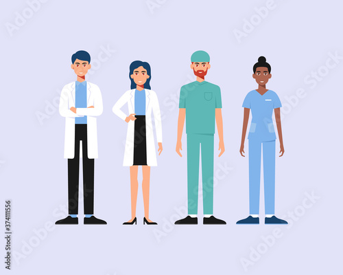 Set of doctor and nurse cartoon characters. Medical staff team concept in hospital. vector illustration