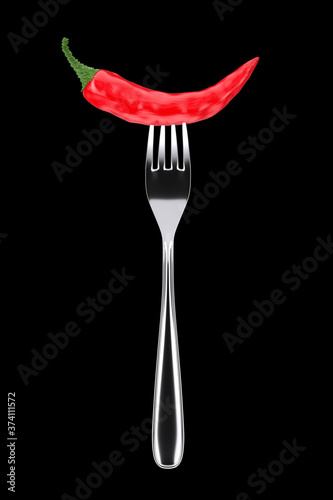 Red Chili Pepper Stuck with Chrome Fork. 3d Rendering