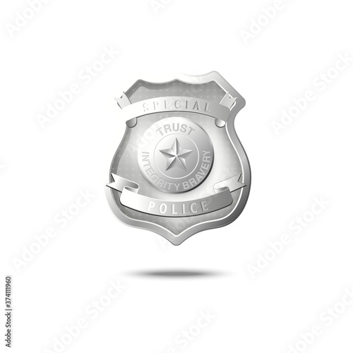 Silver police badge mockup floating in air, realistic emblem