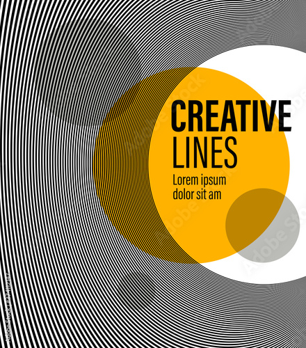 Abstract vector 3D lines with yellow circle background, black and white curves linear perspective dimensional optical pattern.