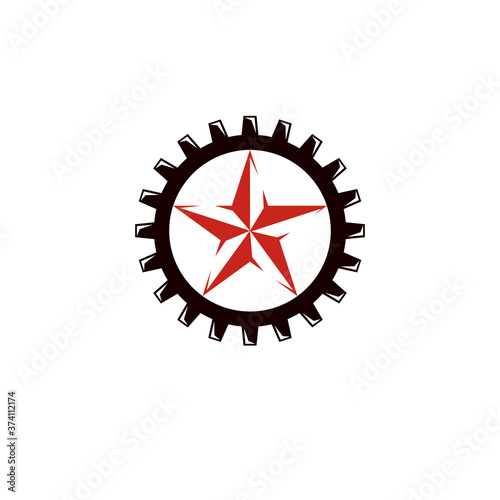 Vector star illustration composed surrounded by industry gearwheel. Empire of evil, dictatorship and manipulation theme