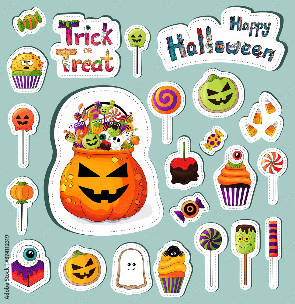 Halloween sweets stickers set. Many types traditional halloween desserts. Trick or treat elements, design treats icons collection. Treat bowl, candy, apples, eyeball, jelly. Scrapbook template images.