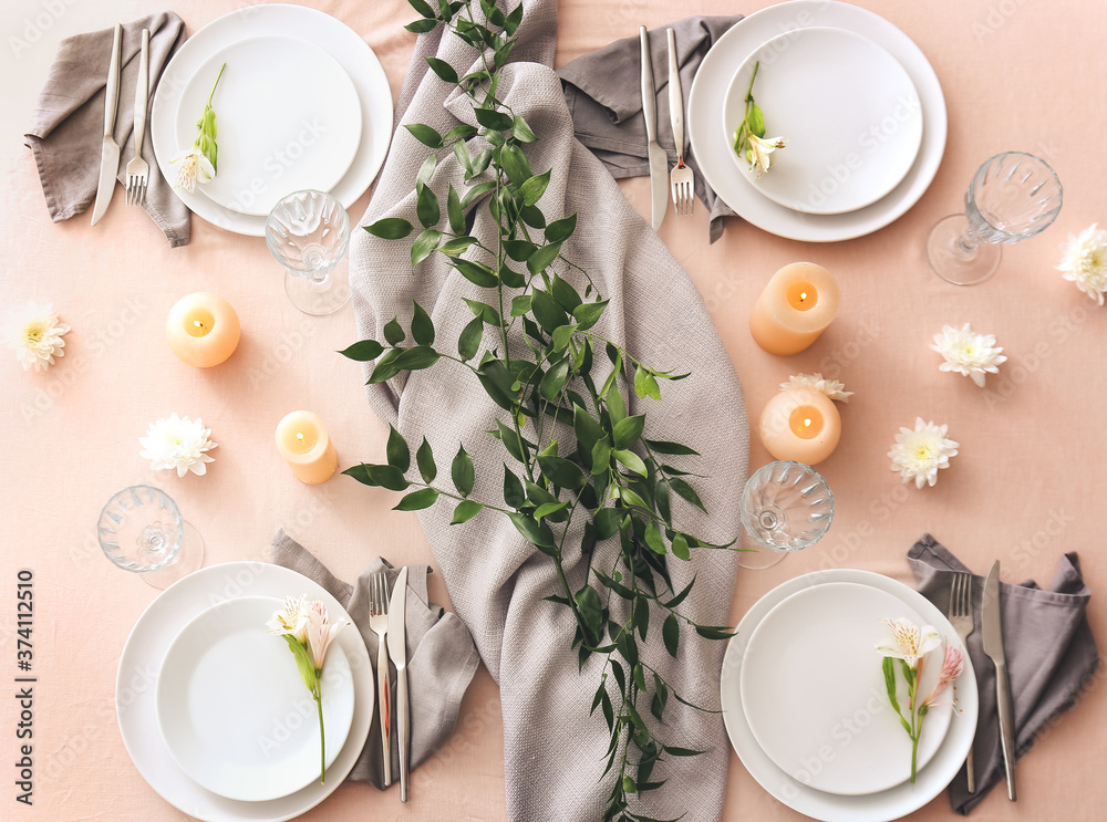 Beautiful table setting on color background - obrazy, fototapety, plakaty 