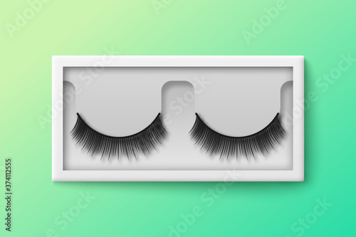 Feminine false lashes in plastic box template, realistic vector illustration.