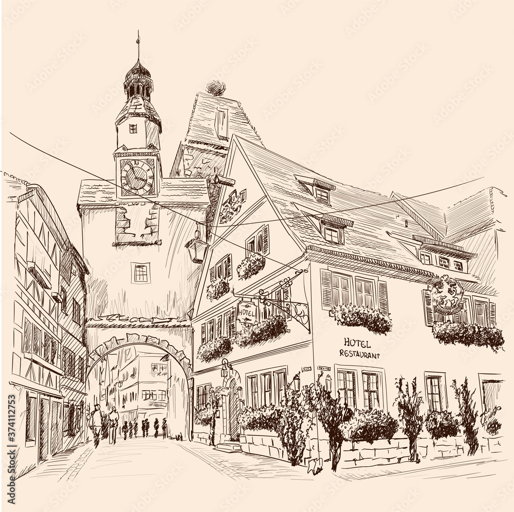 Sketch of the central street of a European city with multi-storey buildings and pedestrians.