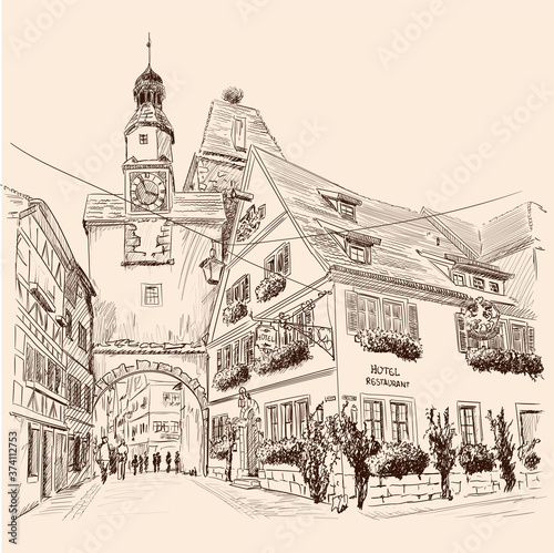 Sketch of the central street of a European city with multi-storey buildings and pedestrians.