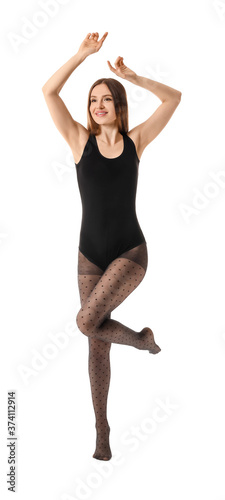 Beautiful young woman in tights on white background