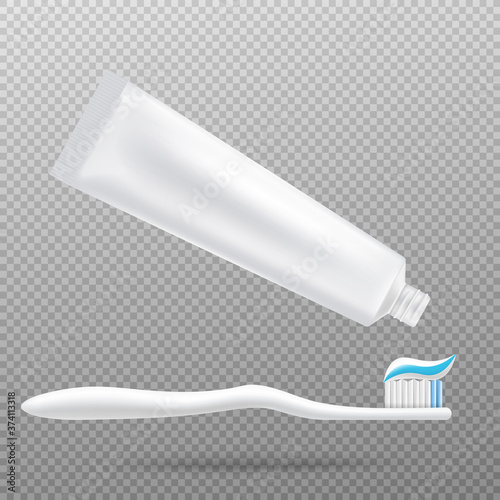 Toothpaste tube with paste on toothbrush realistic vector illustration isolated.