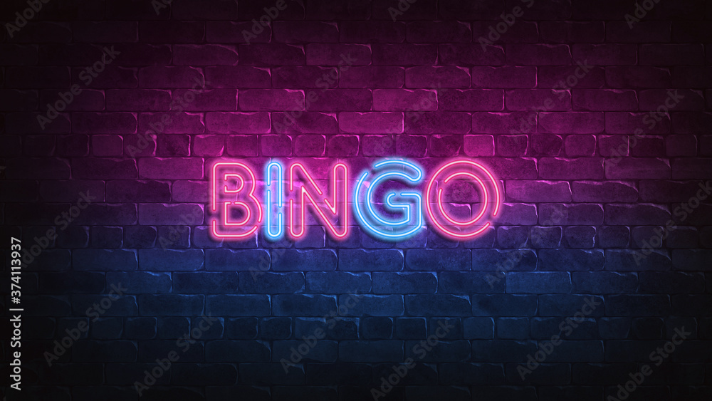 bingo neon sign. purple and blue glow. neon text. Brick wall lit by neon lamps. Night lighting on the wall. 3d illustration. bingo neon sign. purple and blue glow. neon text. Brick wall lit by neon lamps. Night lighting on the wall. 3d illustration.