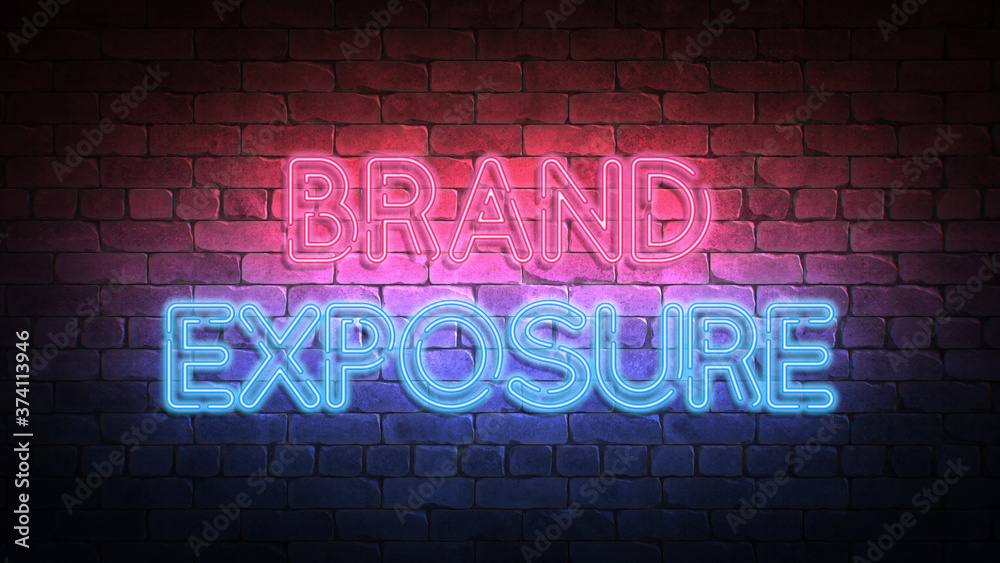 Brand Exposure neon sign. purple and blue glow. neon text. Brick wall lit by neon lamps. Night lighting on the wall. 3d illustration. Brand Exposure neon sign. purple and blue glow. neon text. Brick wall lit by neon lamps. Night lighting on the wall. 3d illustration.
