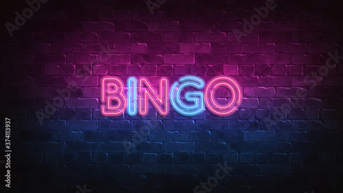 bingo neon sign. purple and blue glow. neon text. Brick wall lit by neon lamps. Night lighting on the wall. 3d illustration.