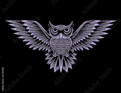 Retro owl style vector illustration of a bird on black background.