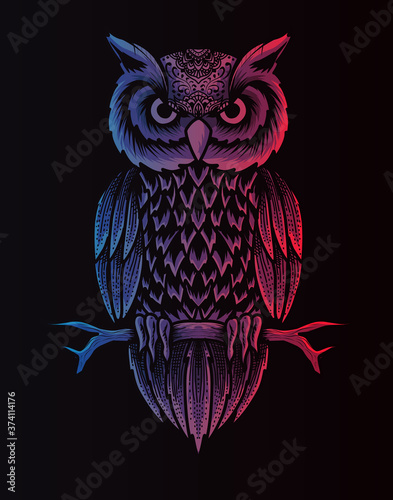 Retro owl style vector illustration of a bird on black background.