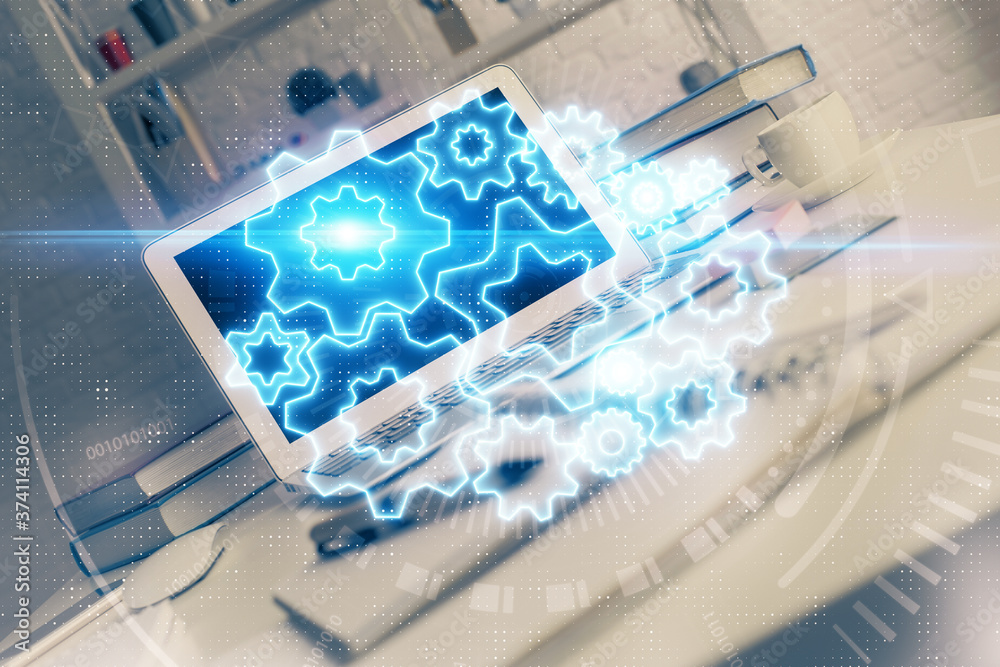 Multi exposure of business theme icons and table with computer background. Concept of success. Multi exposure of business theme icons and table with computer background. Concept of success.